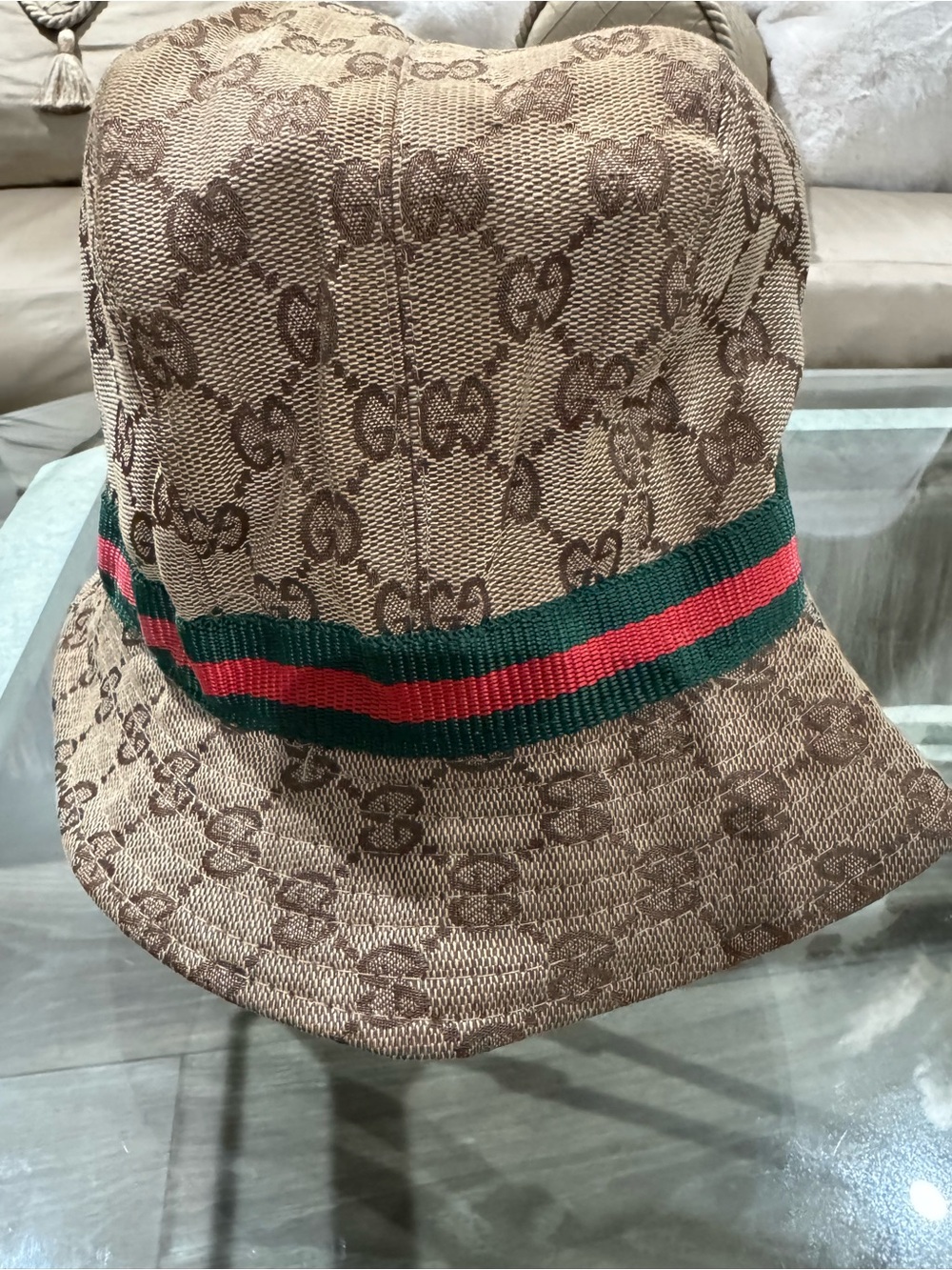 Gucci Beige/Brown Monogram Bucket Hat with Green-Red Web - Picture 3 of 7
